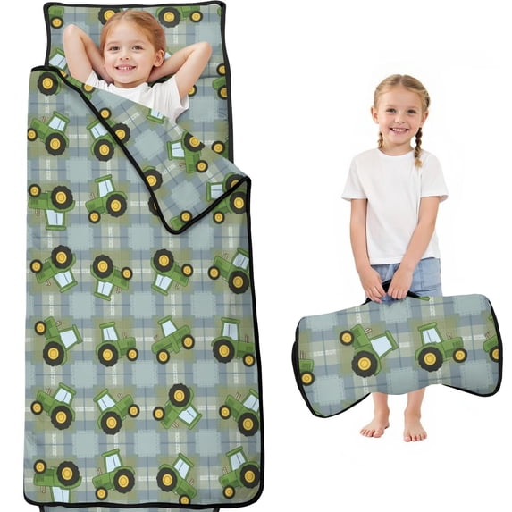 Tractor and Tractors Blue Pattern Teens Toddler Nap Mat with Pillow, Sleeping Mat Bag for Preschool Daycare 59"x22"