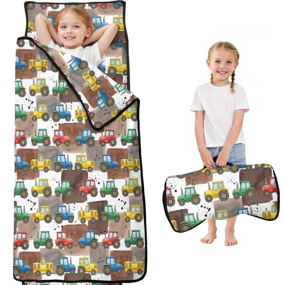 Tractor and Tractors Brown Pattern Teens Toddler Nap Mat with Pillow, Sleeping Mat Bag for Preschool Daycare 59"x22"