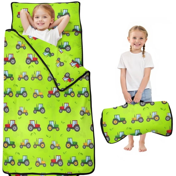 Tractor and Tractors Green Pattern Teens Toddler Nap Mat with Pillow, Sleeping Mat Bag for Preschool Daycare 50"x20"