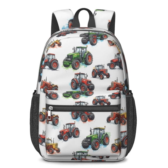 Tractor and Tractors White Pattern 17" School Backpacks for Teens,Waterproof Oxford Fabric,S-Shape Padded Straps for School,Travel,Hiking,Camping