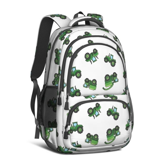Tractor and Tractors White Pattern Backpack for School, Cute School Bag with Adjustable Shoulder Straps and Padded Back, 16.9"x12.6"x5.9"