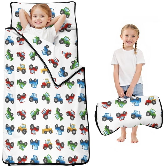 Tractor and Tractors White Pattern Teens Toddler Nap Mat with Pillow, Sleeping Mat Bag for Preschool Daycare 51"x22"