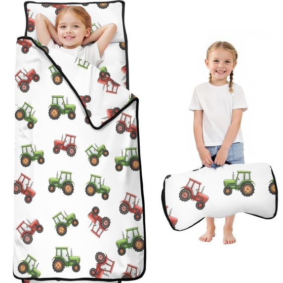 Tractor and Tractors White Pattern Teens Toddler Nap Mat with Pillow, Sleeping Mat Bag for Preschool Daycare 59"x22"