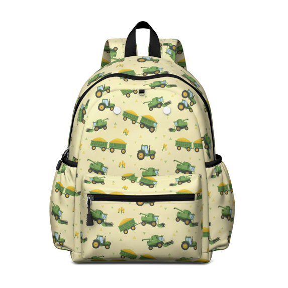 Tractor and Trailers Cream Pattern Cute School Backpack with Padded Back and Adjustable Shoulder Straps 13.4"x11"x4.7"