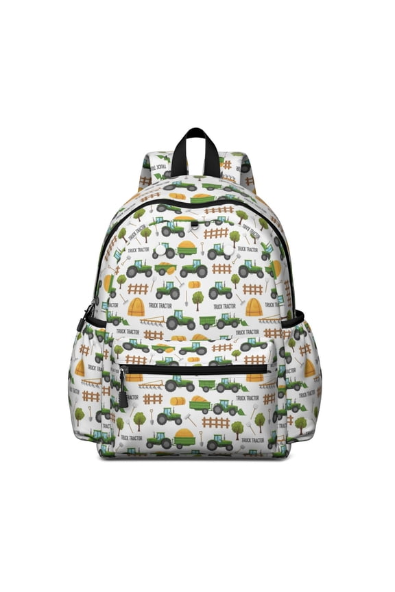 Tractor and Trailers White Pattern Backpack for School, Cute School Bag with Adjustable Shoulder Straps and Padded Back, 13.4"x11"x4.7"