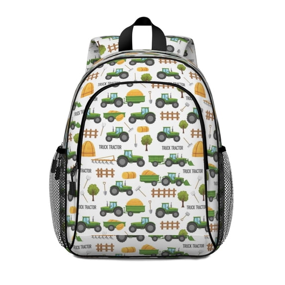 Tractor and Trailers White Pattern Backpack for School, Cute School Bag with Adjustable Shoulder Straps and Padded Back, 15"x11.42"x5.5"
