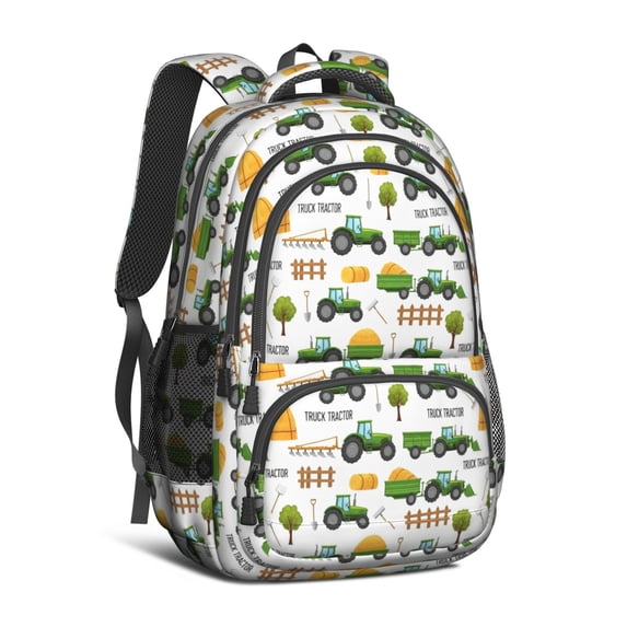 Tractor and Trailers White Pattern Backpack for School, Cute School Bag with Adjustable Shoulder Straps and Padded Back, 16.9"x12.6"x5.9"