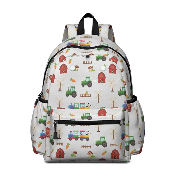 Tractor and Trains Gray Pattern Backpack for School, Cute School Bag with Adjustable Shoulder Straps and Padded Back, 13.4"x11"x4.7"