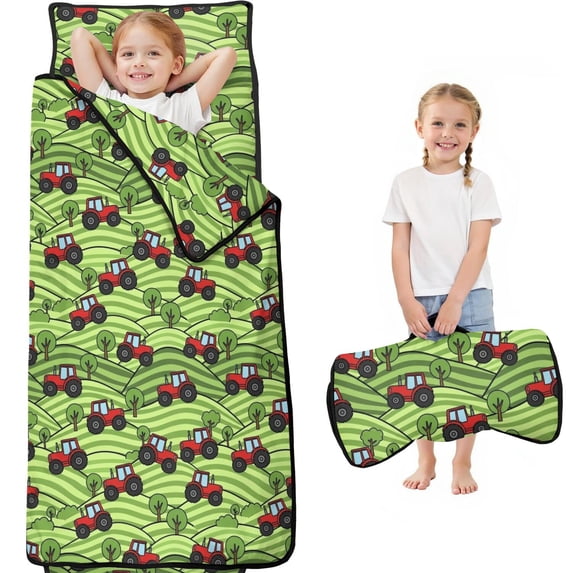 Tractor and Trees Green Pattern Teens Toddler Nap Mat with Pillow, Sleeping Mat Bag for Preschool Daycare 59"x22"