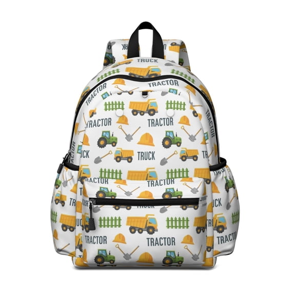 Tractor and Trucks White Pattern Cute School Backpack with Padded Back and Adjustable Shoulder Straps 13.4"x11"x4.7"