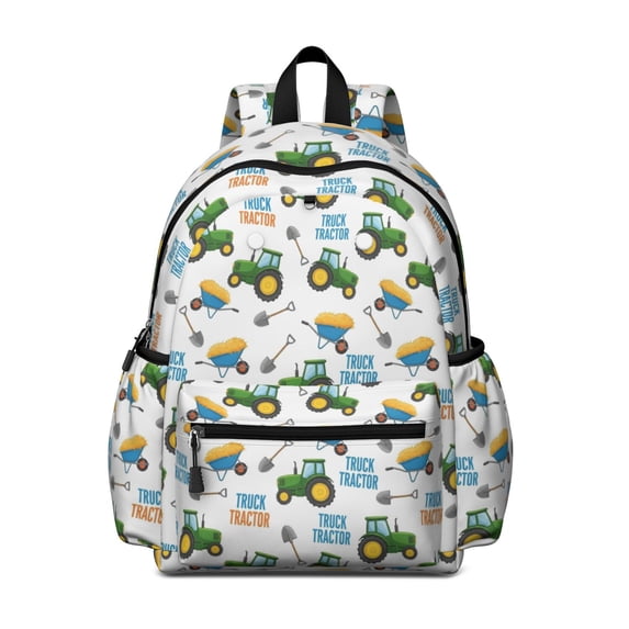 Tractor and Wheelbarrows White Pattern Backpack for School, Cute School Bag with Adjustable Shoulder Straps and Padded Back, 13.4"x11"x4.7"