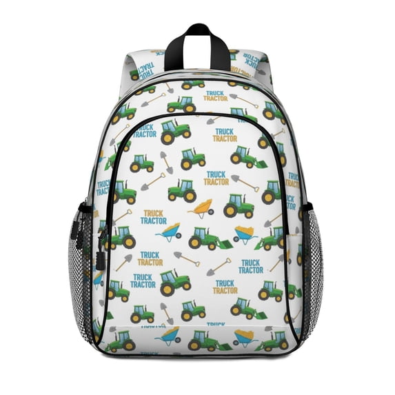 Tractor and Wheelbarrows White Pattern Backpack for School, Cute School Bag with Adjustable Shoulder Straps and Padded Back, 15"x11.42"x5.5"