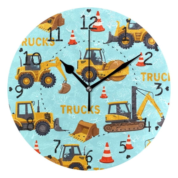 Tractors Trucks Roadblocks Cartoon Round Wall Clock Silent Analog Battery Operated Black Pointer Home Decor 9.84" Diameter