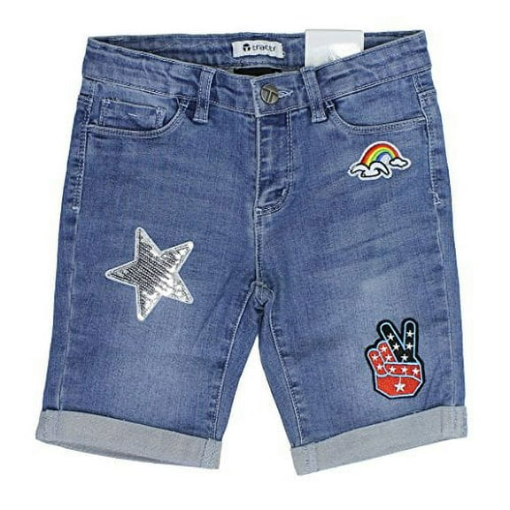 Tractr Sequined Patched Stretch Denim Bermuda Shorts for Girls (12, Blue Jean)