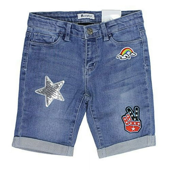 Tractr Sequined Patched Stretch Denim Bermuda Shorts for Girls (12, Blue Jean)