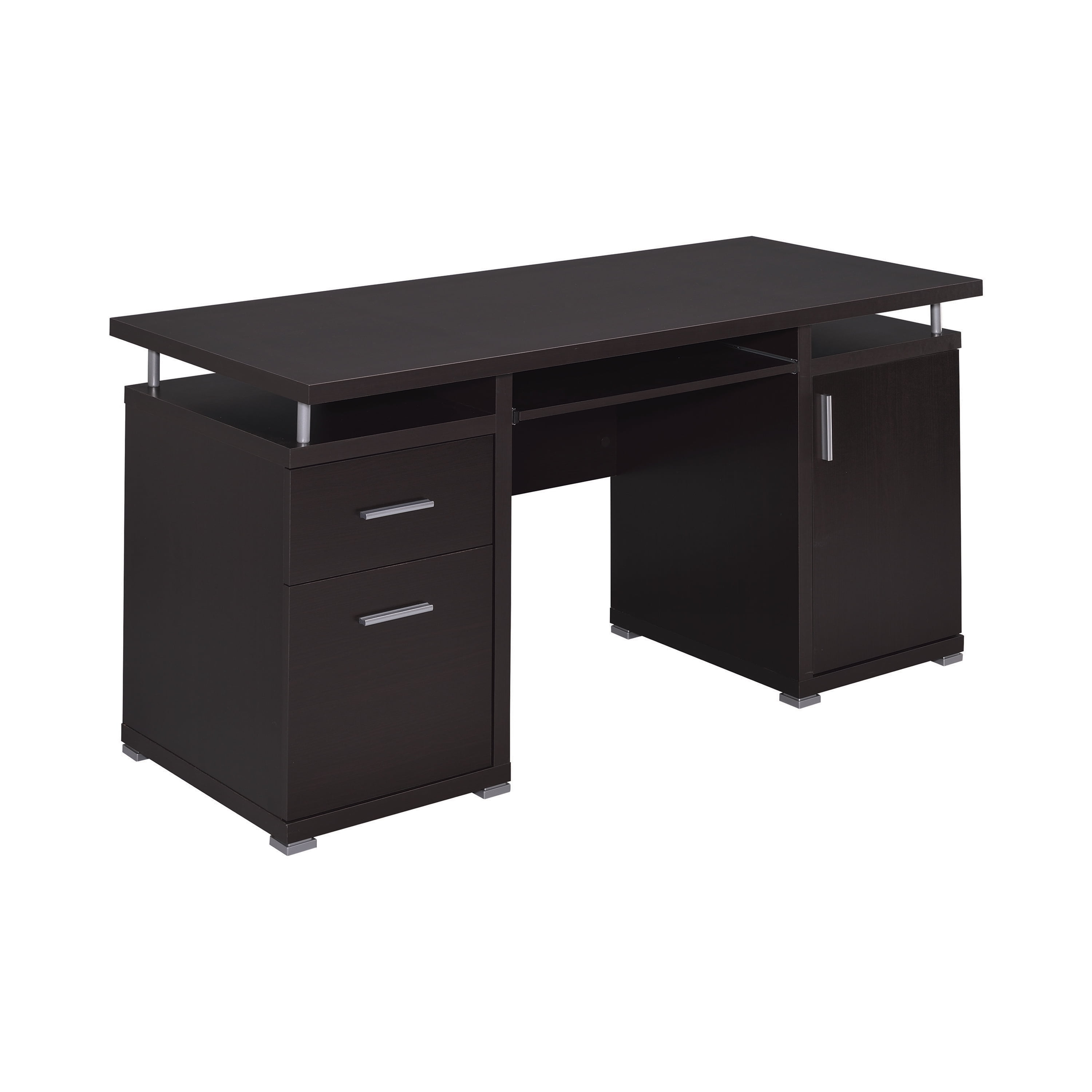 Cappuccino Brown Wood Office Desk with Drawers and Keyboard Tray