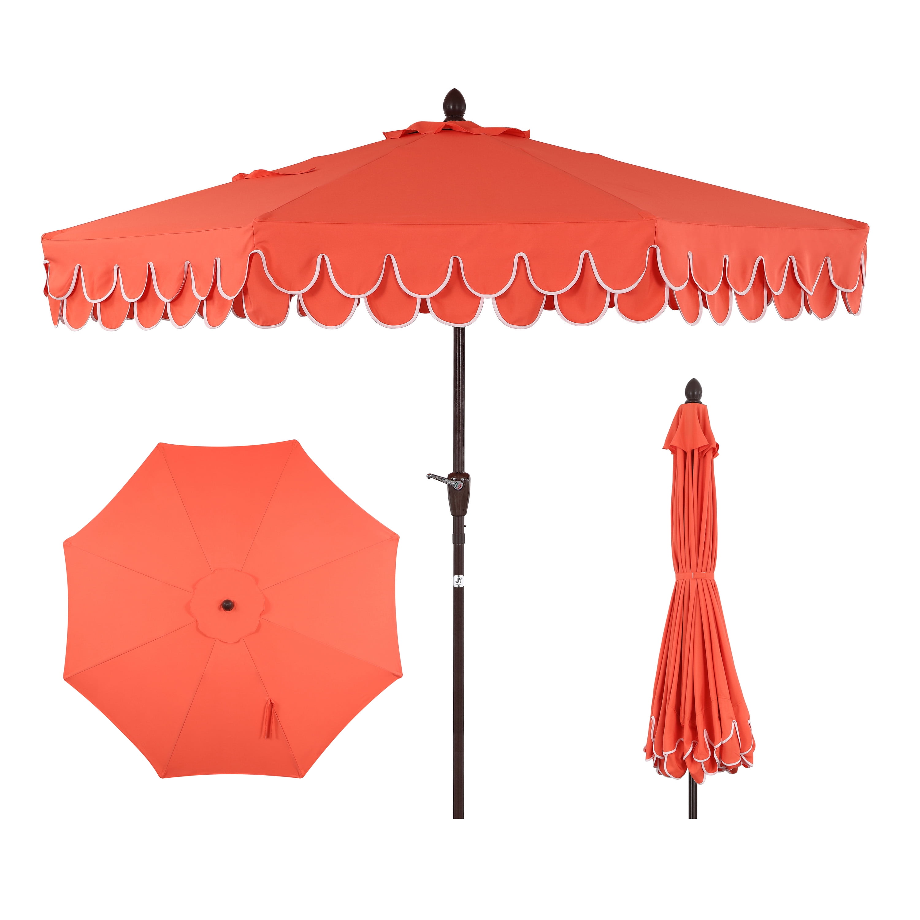 Coral Red 9 ft. Scalloped Fringe Patio Umbrella with Auto-Tilt
