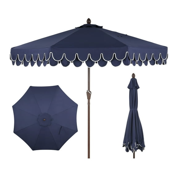 JONATHAN Y Tracy 9 ft. Market Patio Umbrella, Classic Mid-Century Scalloped Fringe, with Auto-Tilt Crank, Wind Vent and UV Protection, Navy/White, Dark Brown Pole