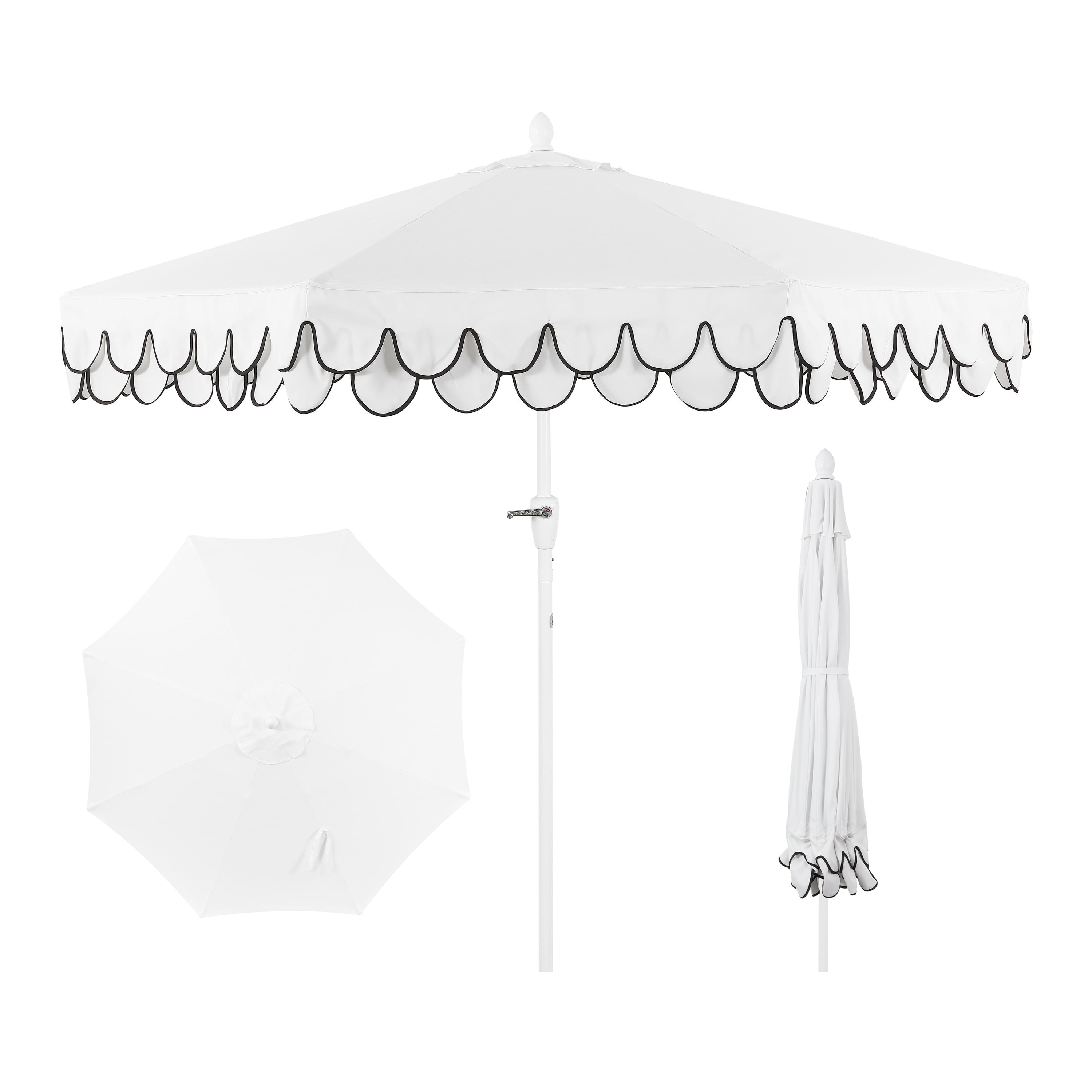 JONATHAN Y Tracy 9 ft. Market Patio Umbrella, Classic Mid-Century Scalloped Fringe, with Auto-Tilt Crank, Wind Vent and UV Protection, White/Black, White Pole