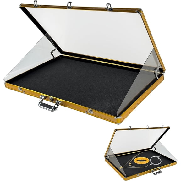 Trade Show Display Case – 34"x22" Large Aluminum Locking Tabletop Showcase for Trading Cards, Sports Cards, TCG, Jewelry – Lightweight & Portable for Exhibitions, Conventions, and Collectibles,Gold