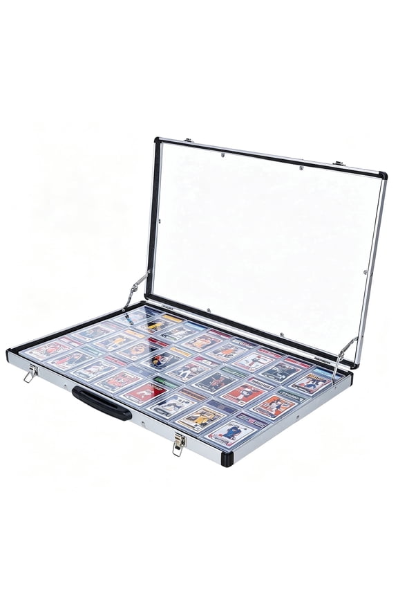 Trade Show Display Case, Aluminum Card Vendor Case with Lock and Handle for Trading Card Games Jewelry, Silver, Hinged、Modern Style