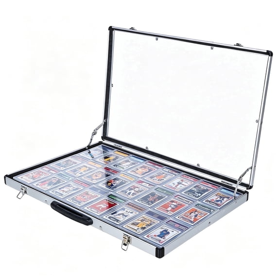 KCRasan Aluminum Lockable Display Case with Handle, for Trading Cards and Jewelry, Silver