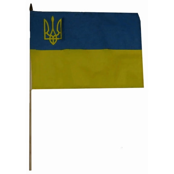 Trade Winds 12x18 12"x18" Lot of 12 (Dozen) Ukraine Small Trident Stick Flag wood Staff