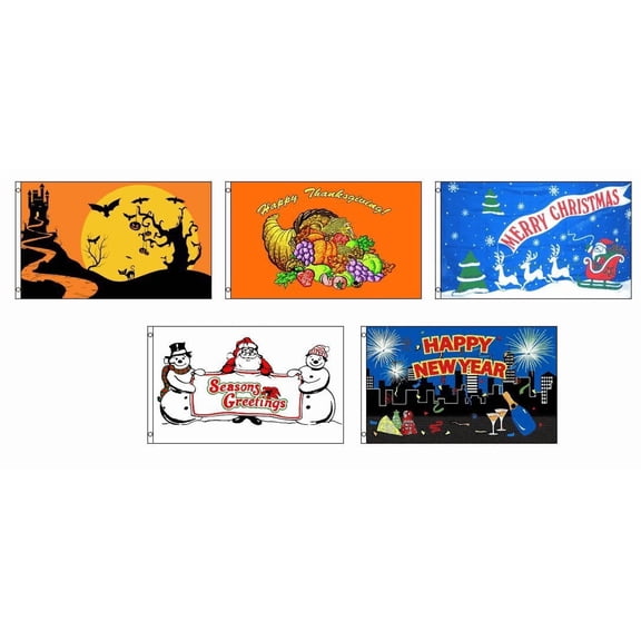 Trade Winds 3x5 Seasonal Holiday 5 Flag Bundle Wholesale Set 3'x5' Halloween Tday Xmas NYE