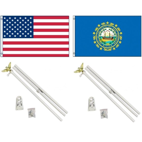 Trade Winds 3x5 USA American & State of New Hampshire Flag & 2 White Pole Kit Sets