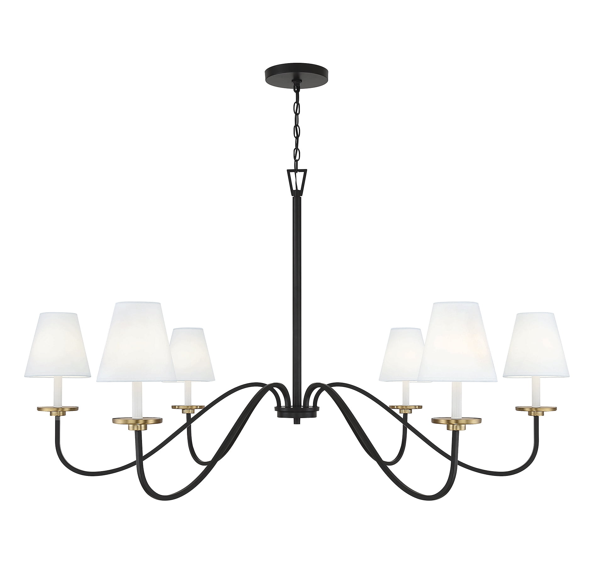 Black and Brass 6-Light Chandelier with White Shades
