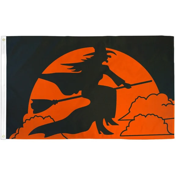 Trade Winds Halloween Witch Flag 3x5ft Orange Halloween Decor Witch on Broomstick Flag