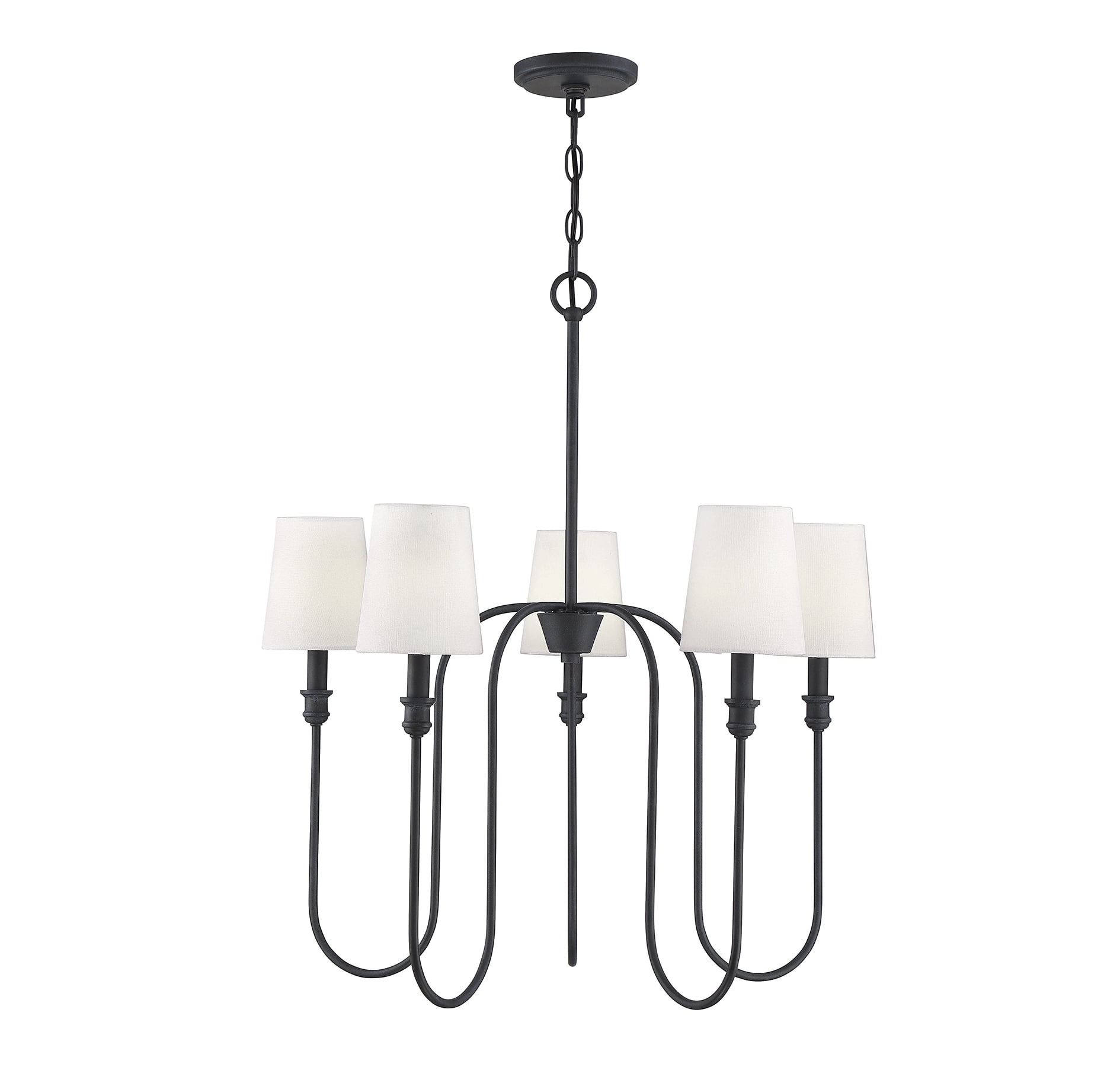 Aged Iron 5-Light Chandelier with White Fabric Shades