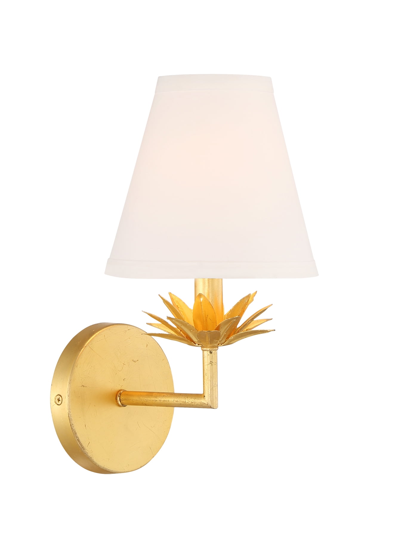 True Gold Floral Bobeche Wall Sconce with White Linen Shade