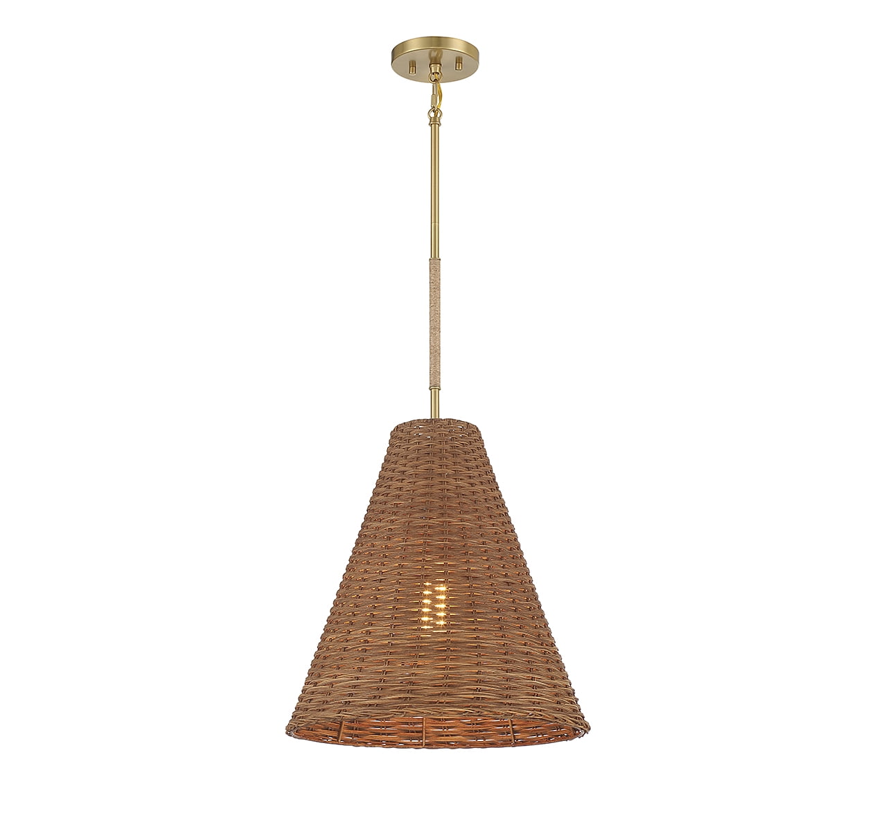 Natural Brass and Rattan Cone Pendant Light with Adjustable Height