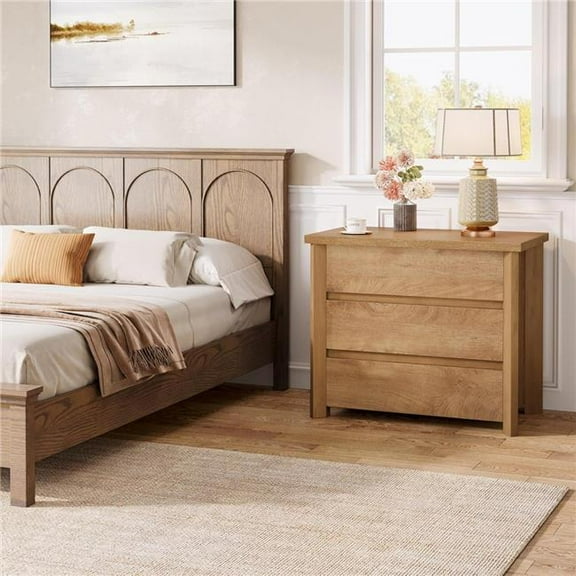 Tradeber TB-JW1010 32 in. Farmhouse Nightstand with 3 Drawers - Rustic Brown