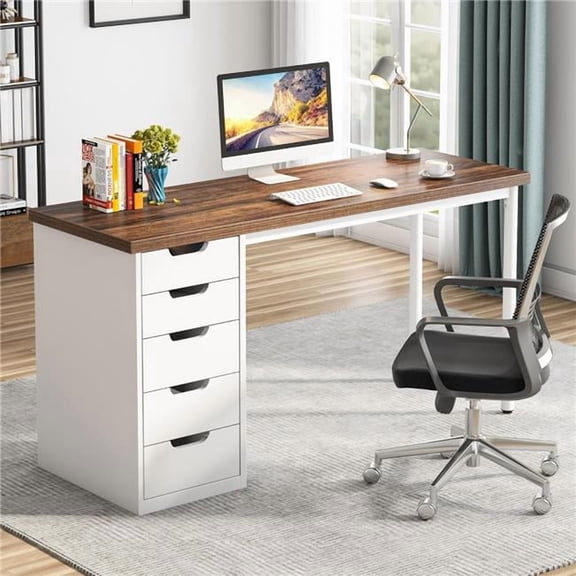 Tradeber TB-RY0060X 47 in. Computer Desk with 5 Drawers - Rustic Brown