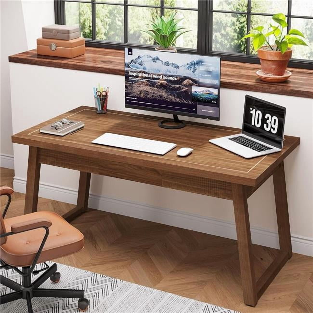 Tradeber TB-YS0322 55 in. Mid-Century Modern Executive Desk with Drawer - Rustic Walnut Brown