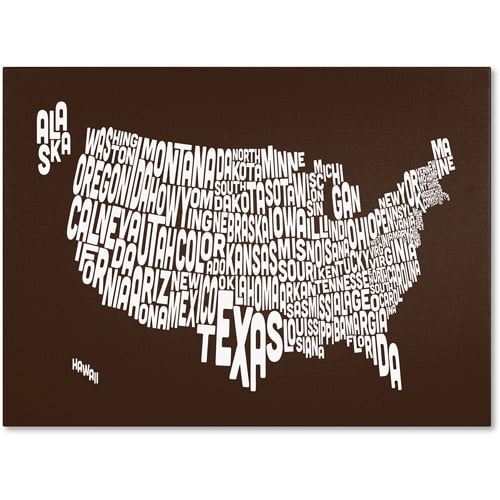 Trademark Art 'CHOCOLATE-USA States Text Map' Canvas Art by Michael Tompsett