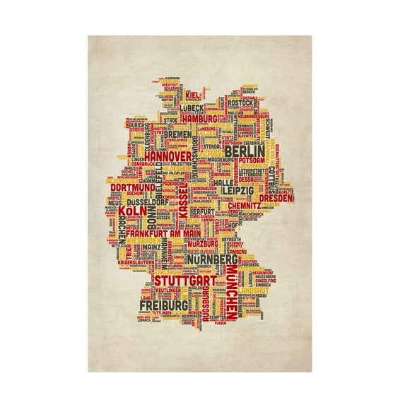 Trademark Fine Art Michael Tompsett Germany - Cities Text Map Canvas Wall Art - 22x32