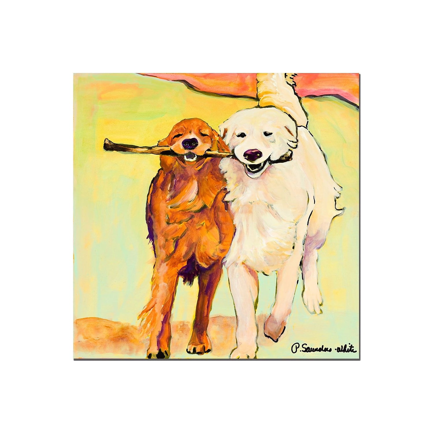 Vibrant Dog Duo with Stick Canvas Wall Art