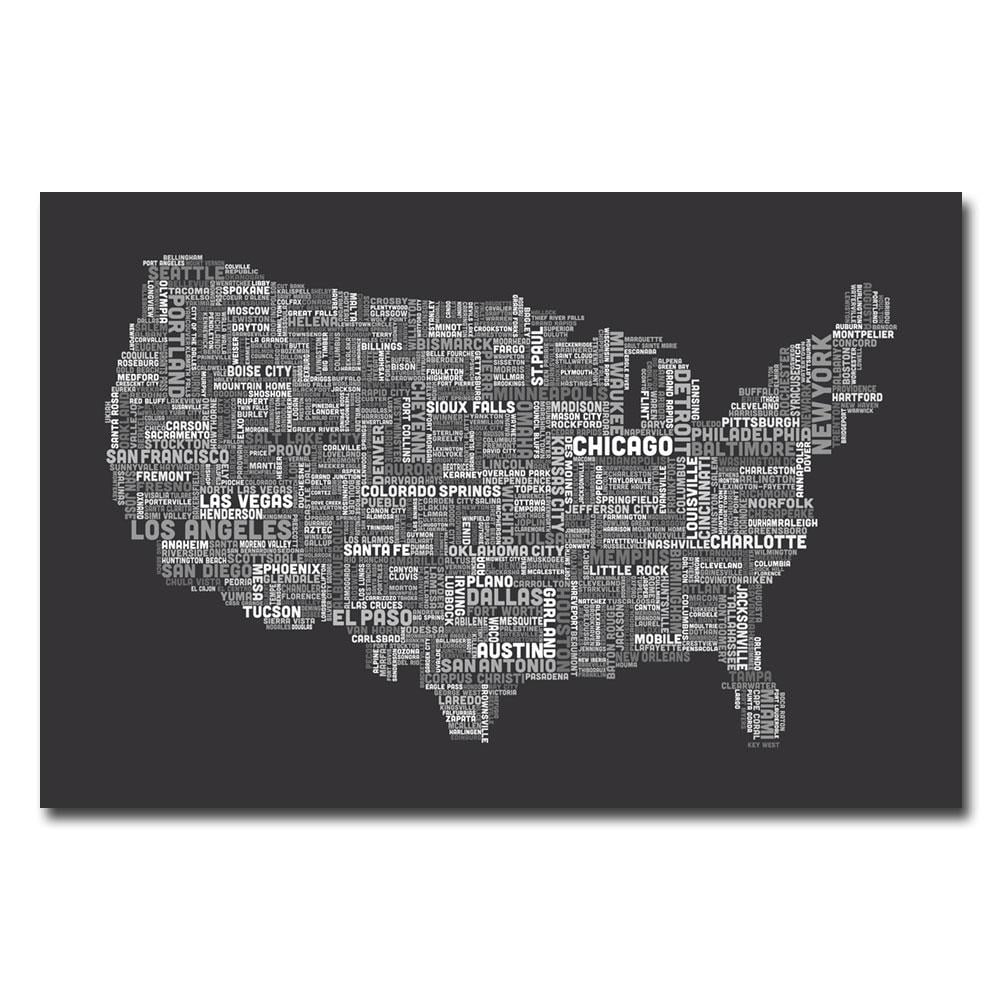 Trademark Art "US Cities Text Map III" Canvas Wall Art by Michael Tompsett