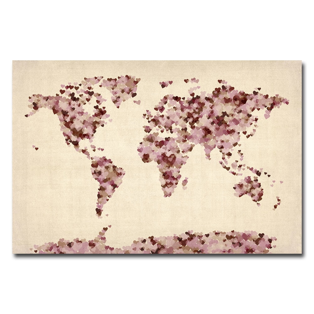 Trademark Art "Vintage Hearts World Map" Canvas Art by Michael Tompsett