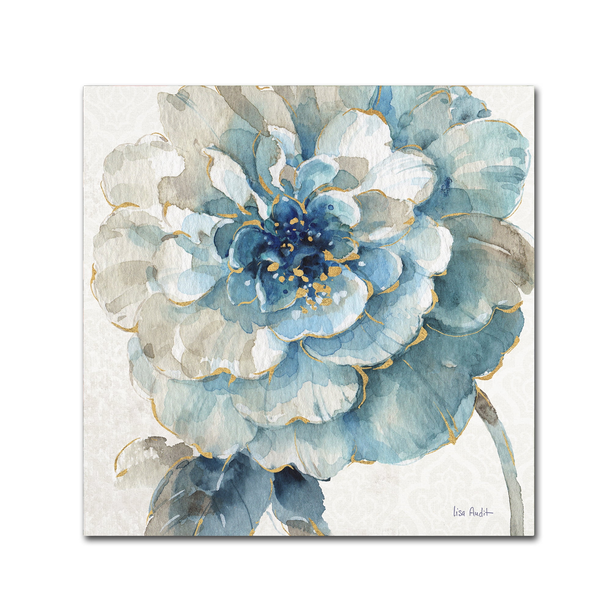 Large Blue and Gold Floral Canvas Print for Nursery