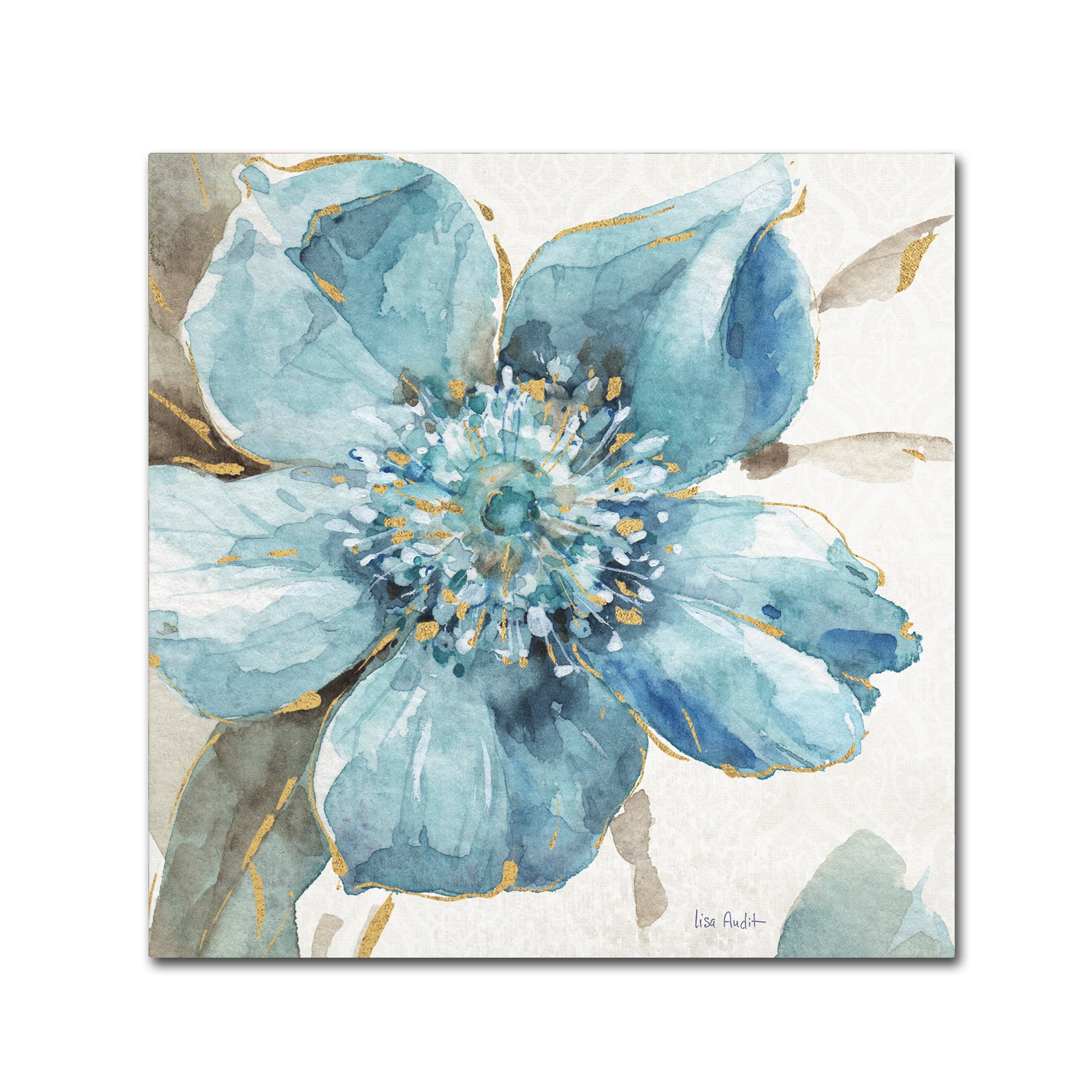 Large Blue and Gold Floral Canvas Wall Art