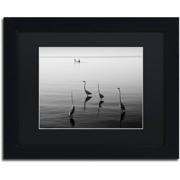 Trademark Fine Art "4 Herons and Boat" Canvas Art by Moises Levy Black Matte, Black Frame