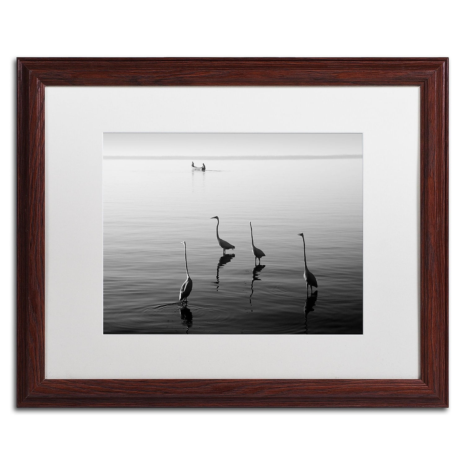 Trademark Fine Art "4 Herons and Boat" Canvas Art by Moises Levy White Matte, Wood Frame