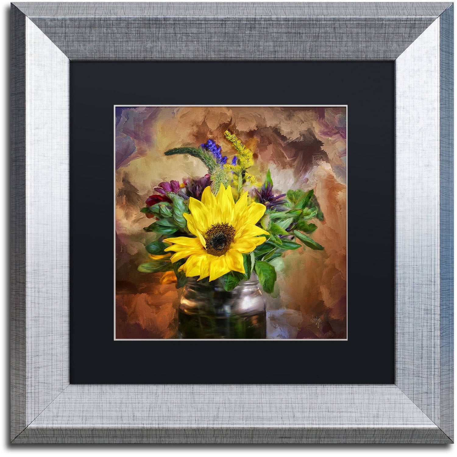 Trademark Fine Art "A Jar of Wildflowers" Canvas Art by Lois Bryan Black Matte, Silver Frame