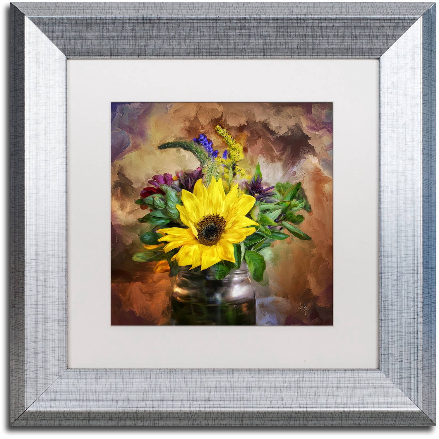 Trademark Fine Art "A Jar of Wildflowers" Canvas Art by Lois Bryan White Matte, Silver Frame