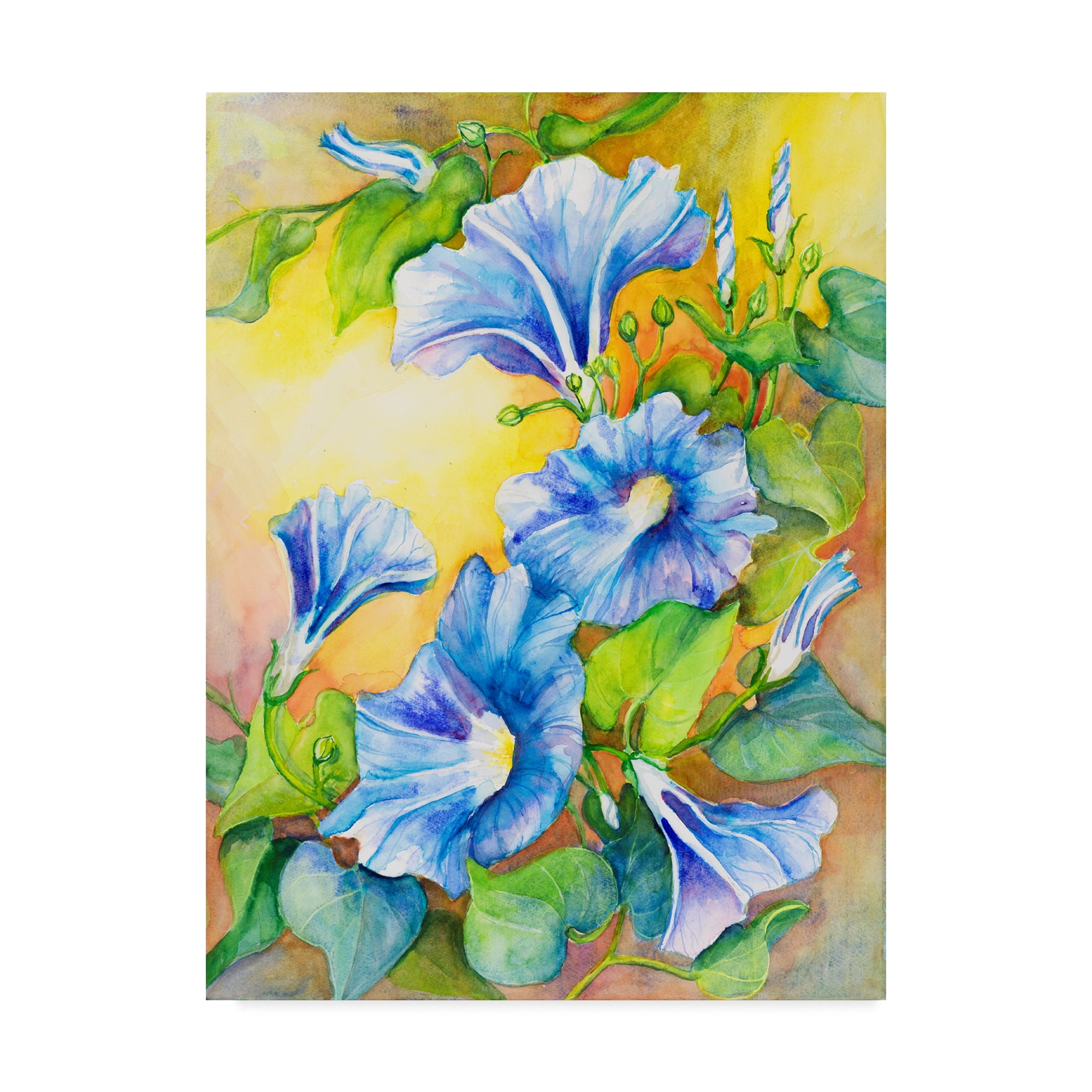 Blue Morning Glory Flowers on Yellow Canvas Art