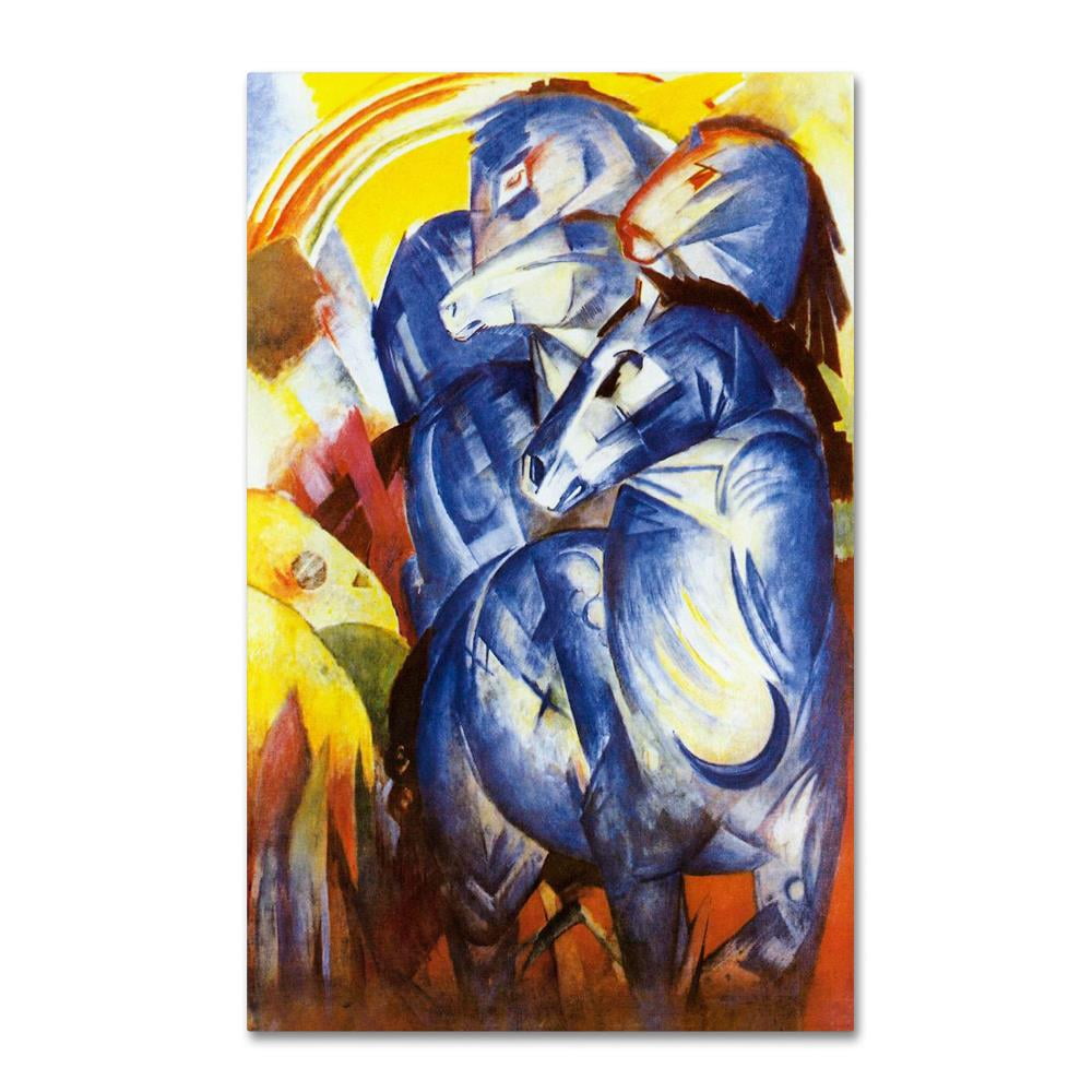 Abstract Blue Horses Canvas Art with Yellow Background